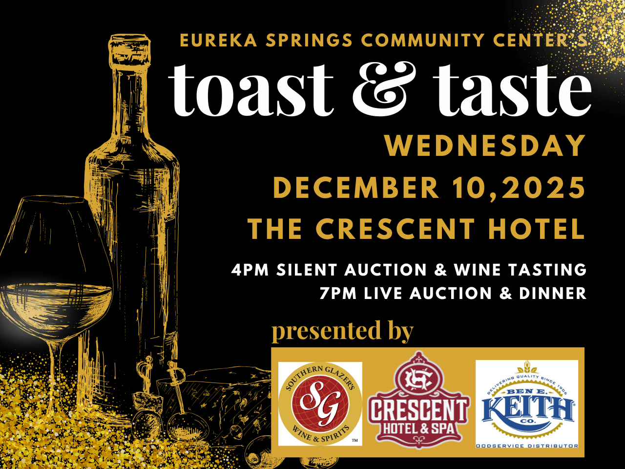 Taste and Toast poster, black with gold letters