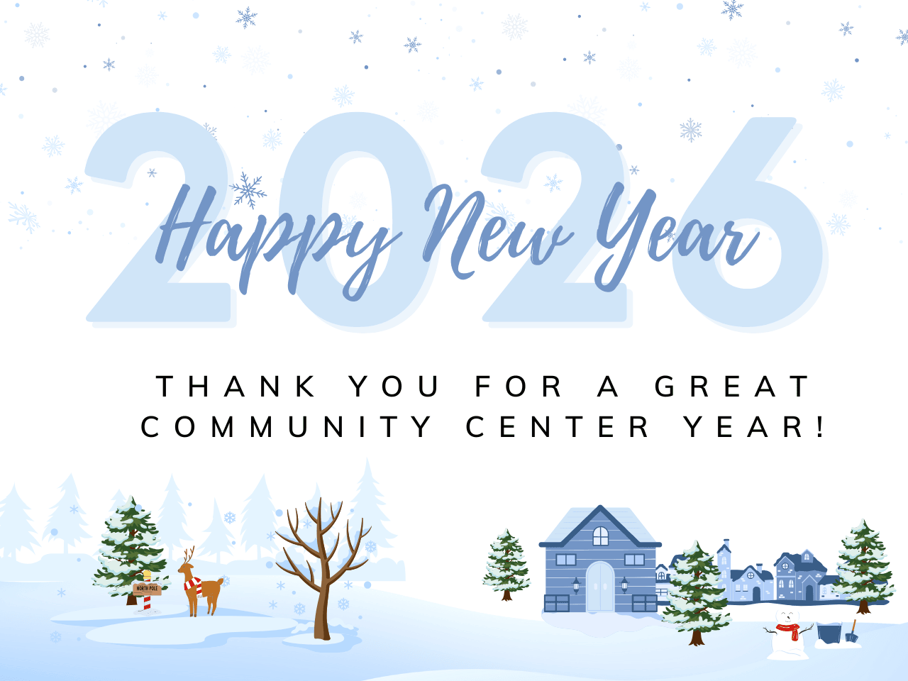 image of snow and houses wishing all a happy new yearr