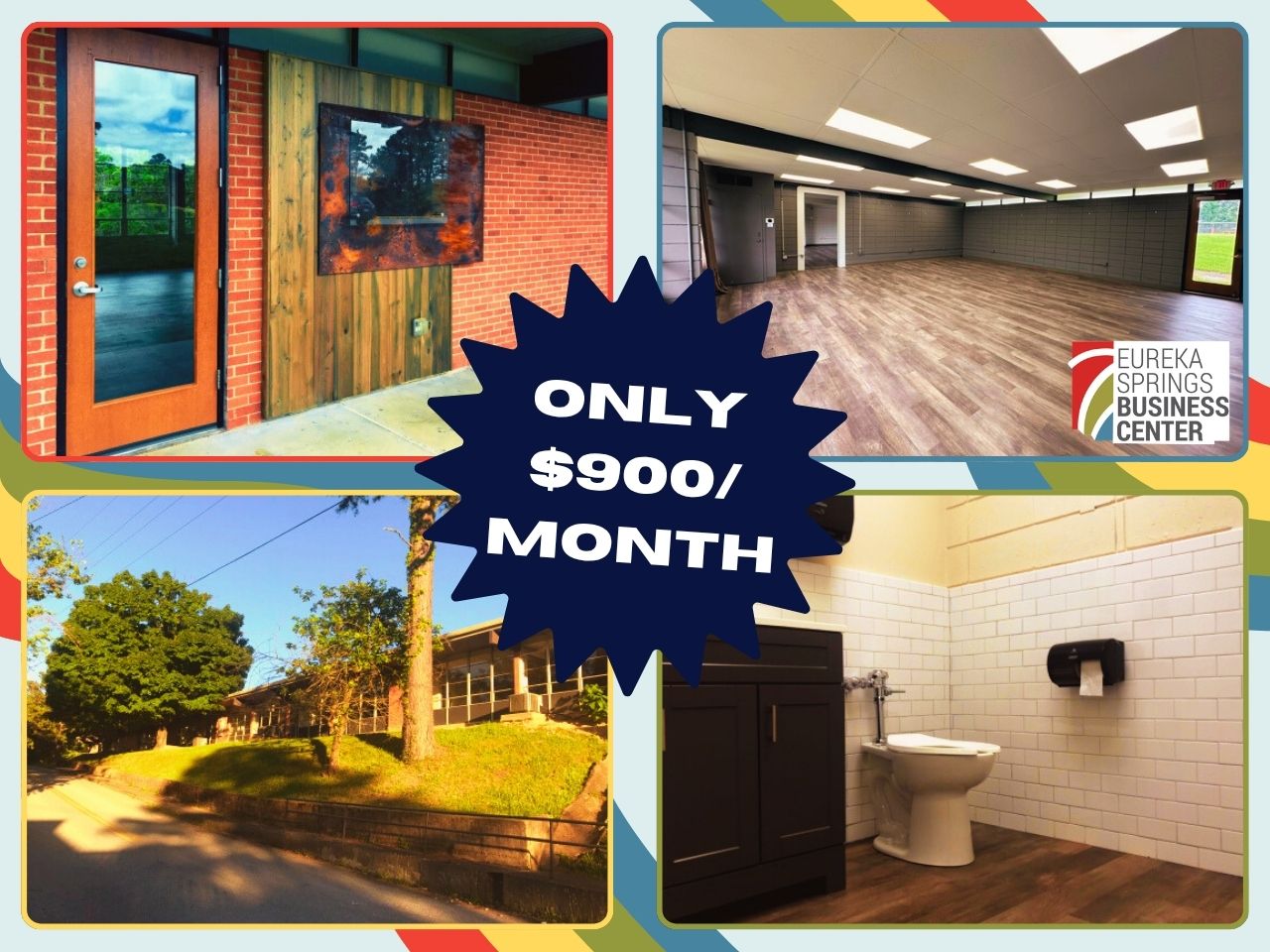 Includes 4 photos of the ESCC Business Center -- an exterior, interior, bathroom, and behind the building. Text reads "only $900/month"