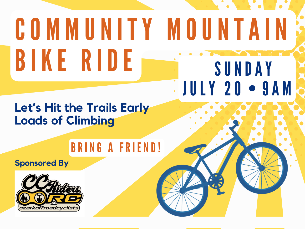 poster announcing mountain bike ride in yellow, red and blue