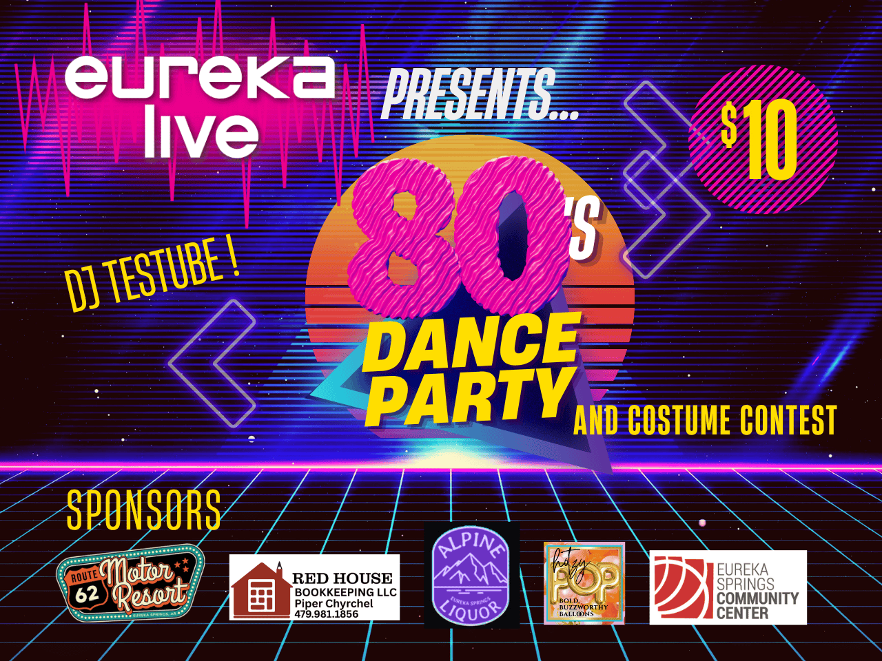 poster in purple and neon pink announcing 80's dance party