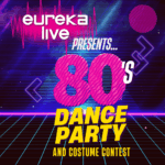 Neon poster in hot pink and purple announcing 80's dance party