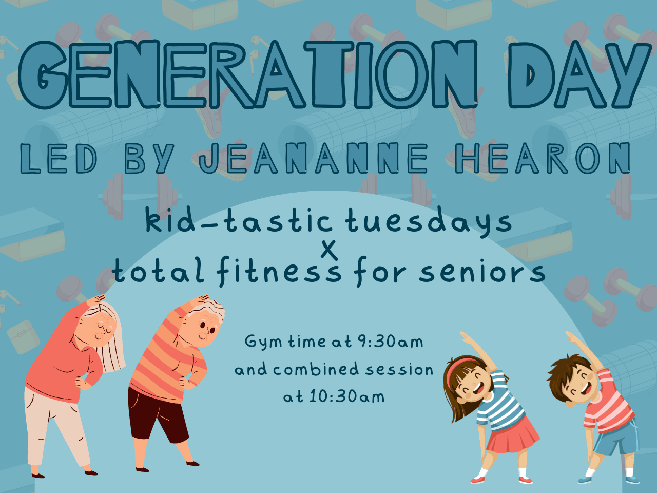 cartoon poster of children and older adults exercising