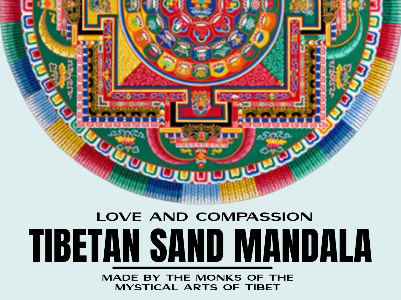 Sand Mandala pictured with text describing collaborative ESCC and Tibetan Monk Sand Mandala Event