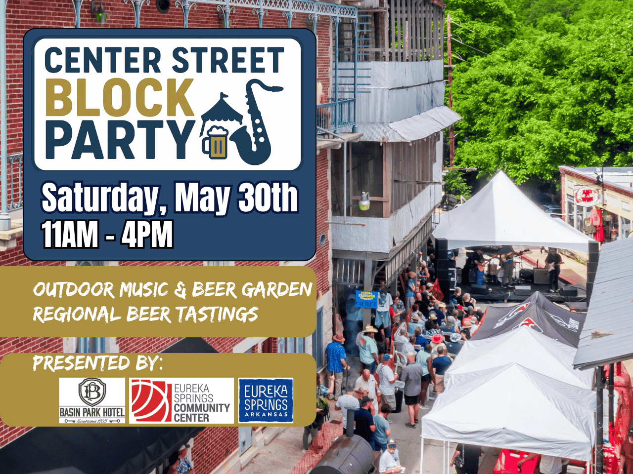 photo of Center Street with outdoor vendor tents and people walking on the street which is closed to traffic. It is a poster announcing the Center Street Block Party.