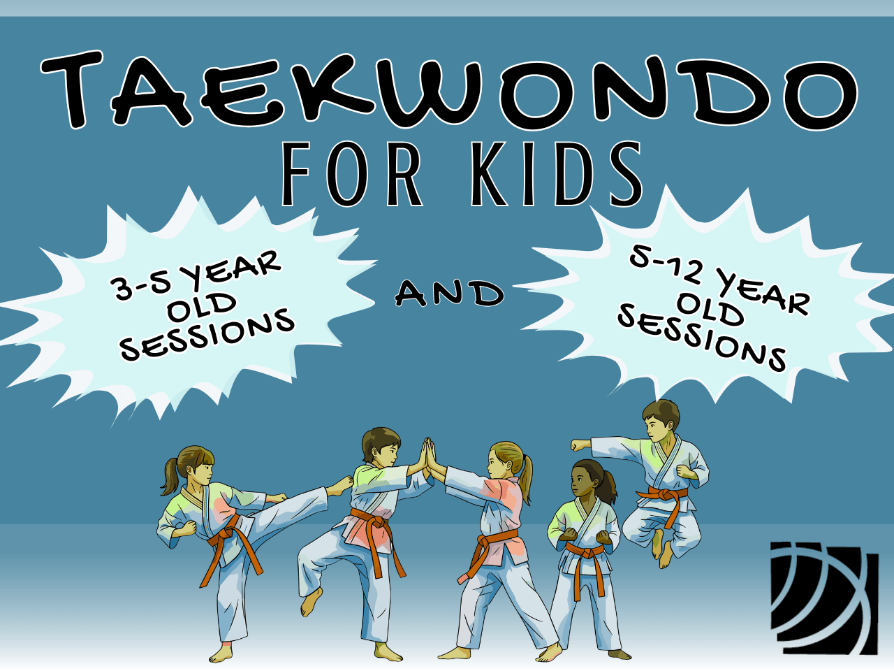 taekwondo poster showing graphic design of young children practicing their kicks