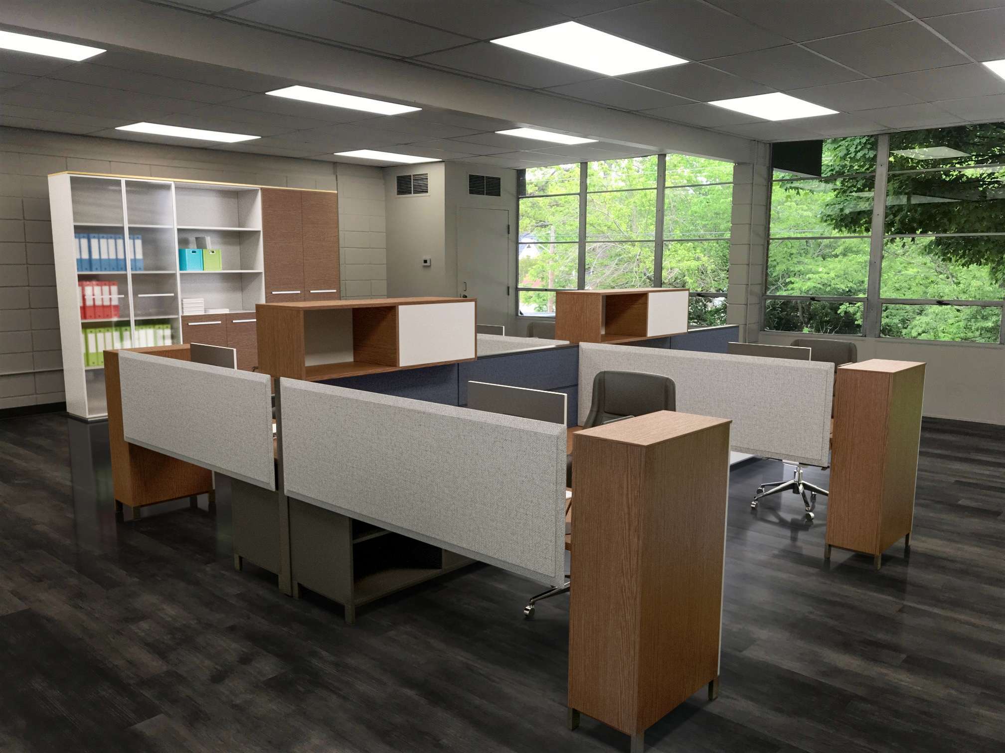 computer rendered image os business office in use with desks, cubicle dividers, and a bookcase