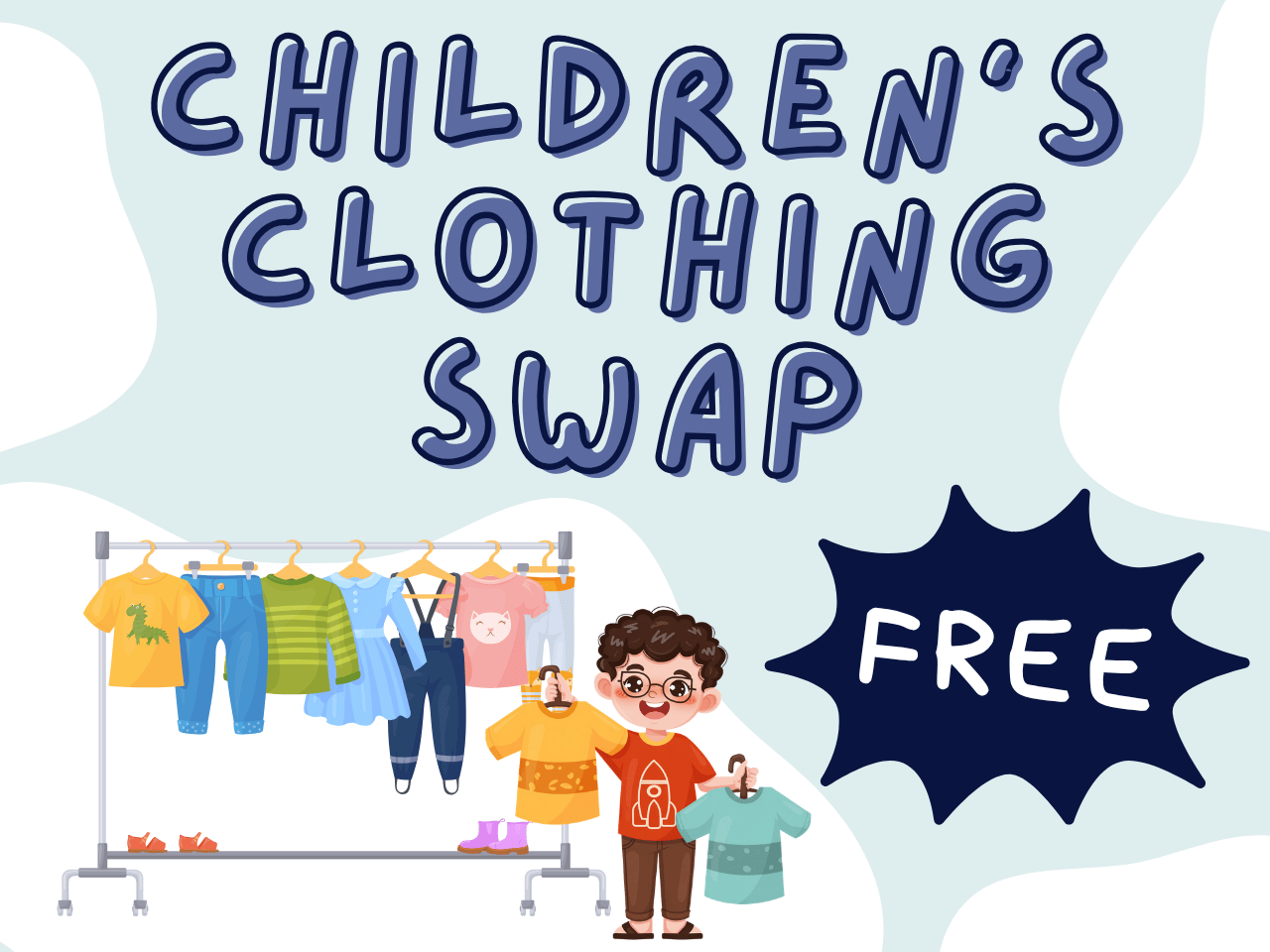 Text reads "Children's Clothing Swap" and has a graphic of a small child deciding between two shirts on a rack of clothing