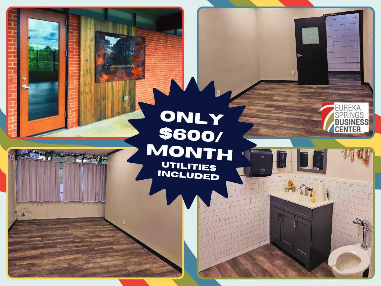 Includes 4 photos of the ESCC Business Center -- an exterior, interior, bathroom, and behind the building. Text reads "only $900/month"